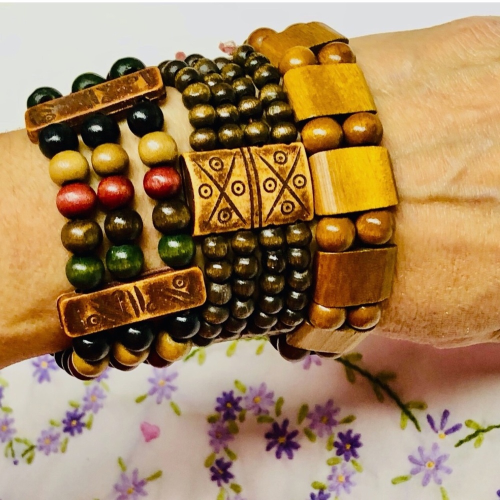 3 pc Lot~VTG 90s Multi-Row Stained Wood Beaded Boho Stackable Stretch Bracelets